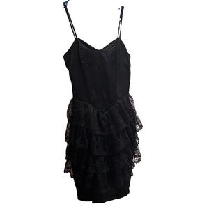 Vintage Y2K Black Lace Tiered Mini Dress Smocked Back Size 3/4 XXS XS